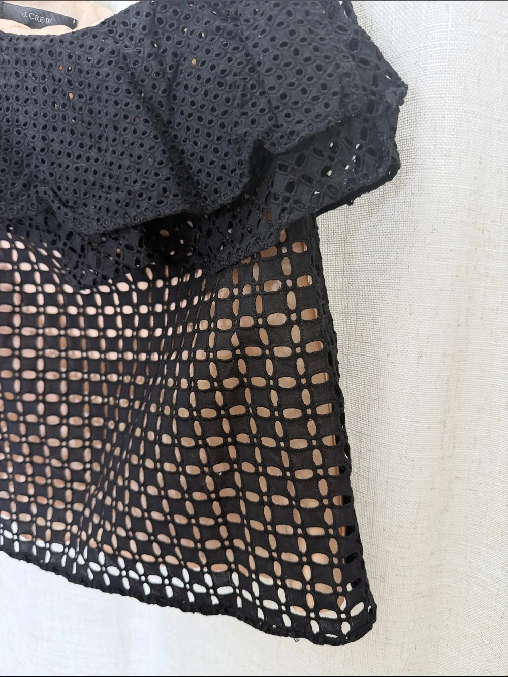 J. Crew Eyelet Black One-Shoulder Lace Overlay Top Size 10 Excellent Condition